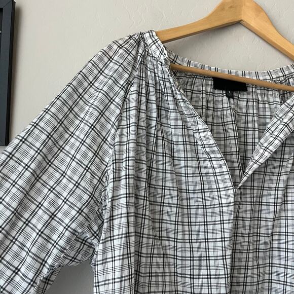 Nili Lotan Brooke White Black Plaid Print V-Neck Long‎ Sleeve Blouse Size Small - Picture 4 of 8